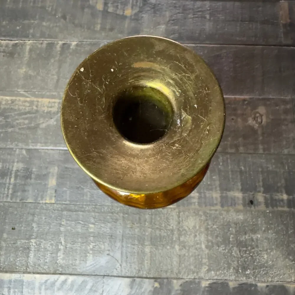 Vintage Amber Glass Candlestick Antiqued Gold Hollywood‎ Regency Decor